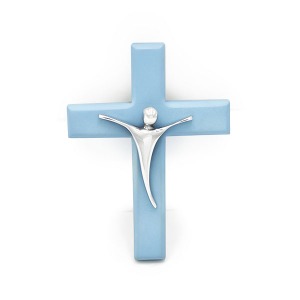 Cristo Chico con Cruz Azul - Peltre/Madera