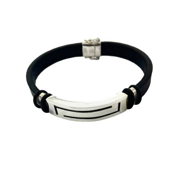 Pulsera Placa Líneas - Plata/Cuero