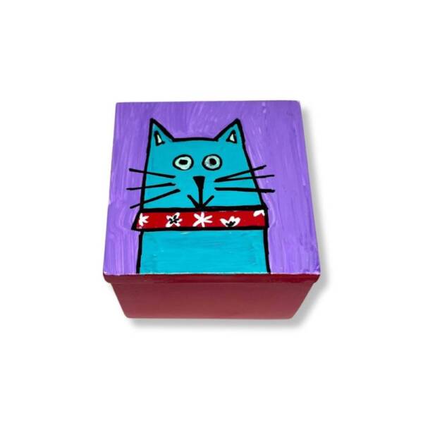 Cofre Rojo 6x6cm Gato - Madera
