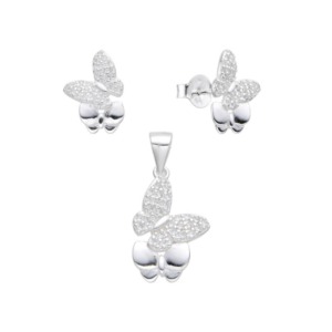 Dije y Aretes Mariposas Brillo - Plata
