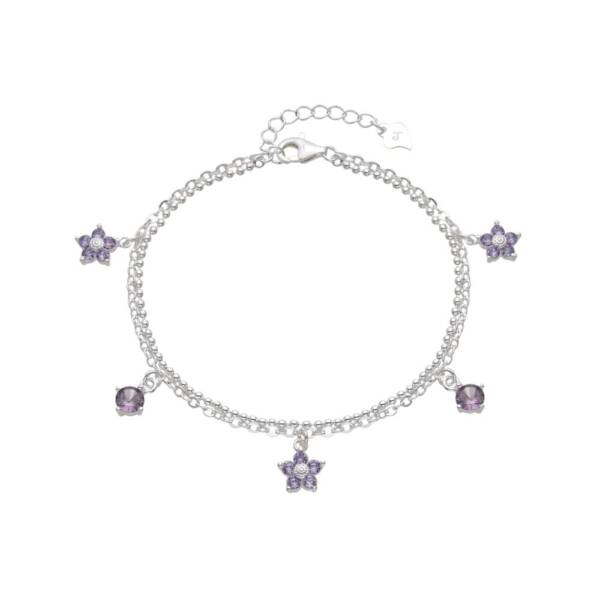 Pulsera Flores y Brillos Morados - Plata