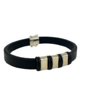 Pulsera Placa x3 - Plata/Cuero