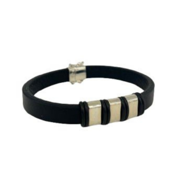 Pulsera Placa x3 - Plata/Cuero