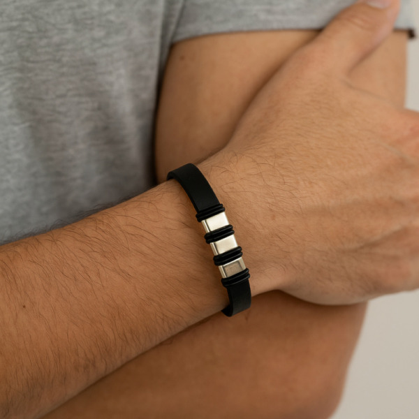Pulsera Placa x3 - Plata/Cuero - Imagen 2