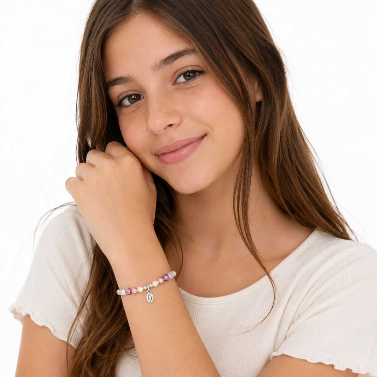 Pulsera Niña - Virgen de Guadalupe - Perlas/Plata - Imagen 2