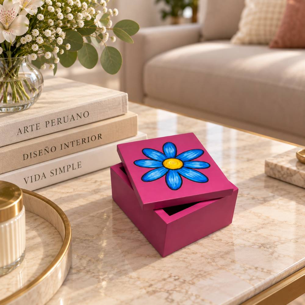 Cofre Fucsia 7x8cm Flor Azul - Madera - Imagen 3