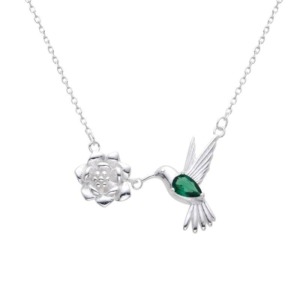 Collar Colibrí Verde Flor - Plata
